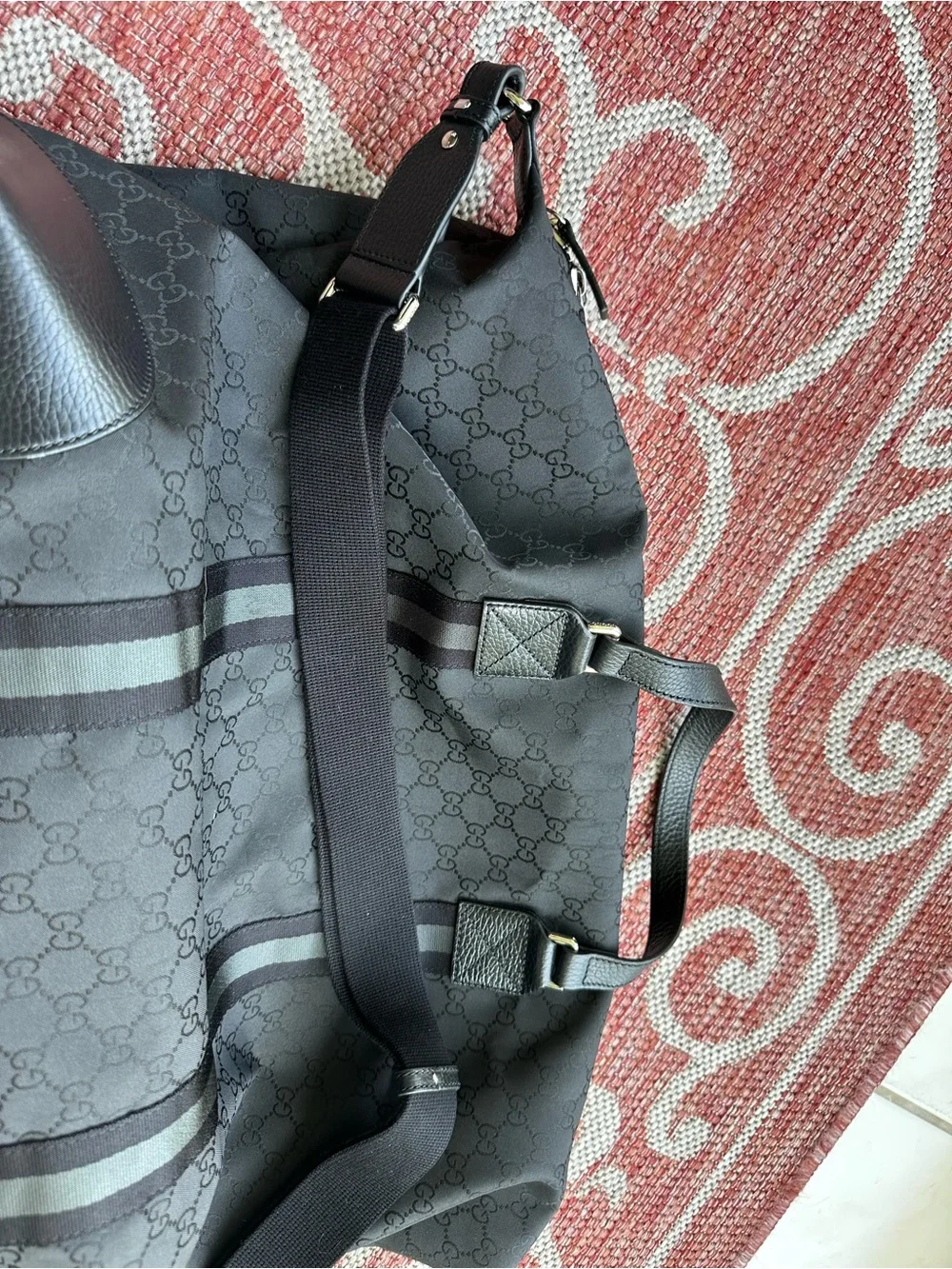 Gucci GG Nylon Duffle Bag Black Leather Trim Travel Weekender Shoulder Bag